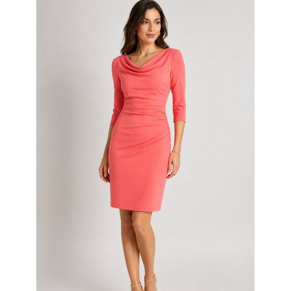 Black Halo Coral Pink‎ Asymmetrical Cowl Neck 3/4 Sleeve Sheath Dress Size 8